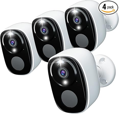 4Pack Security Cameras Wireless Outdoor, 2K Battery Powered WiFi Security Indoor Camera with Spotlight & Siren Alarm, 2-Way Audio, Color Night Vision, AI Detection for Home Security,Works w/Alexa